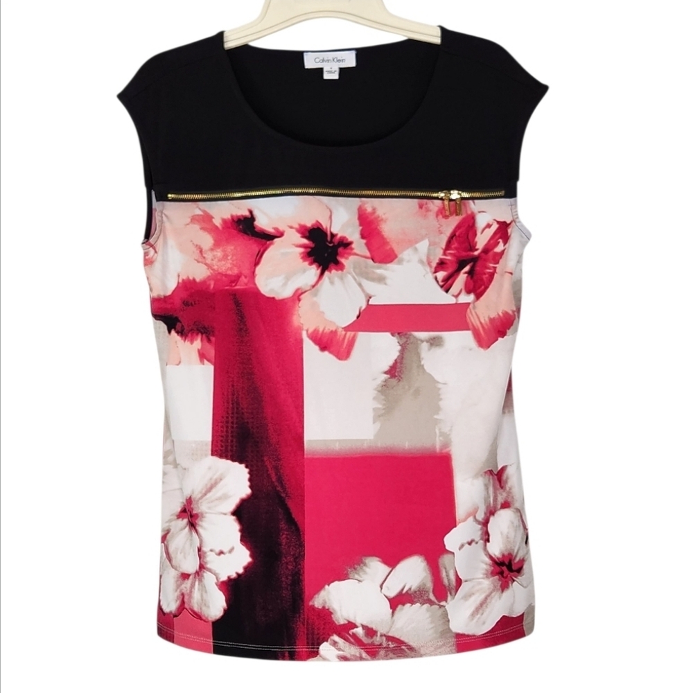Calvin Klein Pink & White Floral Black Neckline W/Gold Monogram Zip Accent Top S